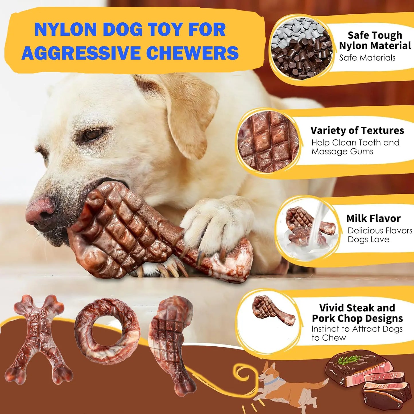 Jumpet Dog Toys for Aggressive Chewers 3-Pack Indestructible Chew Toys with Beef Flavored Nylon Tough Long Lasting for Large Breeds and Powerful Jaws
