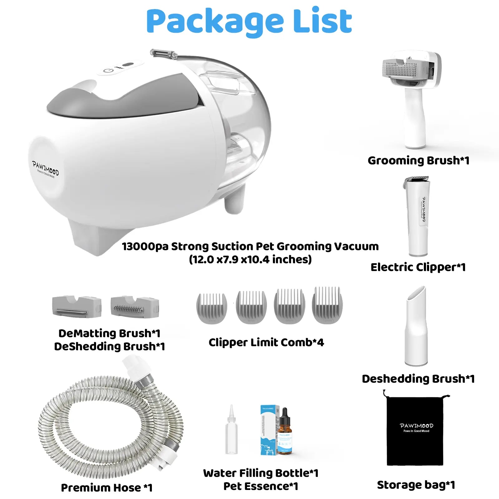 Pawimood Professional 5-in-1 Pet Grooming Vacuum with 13000PA Suction Power, 2L Dust Cup, and Hair Removal Tool for Shedding and Home Cleaning