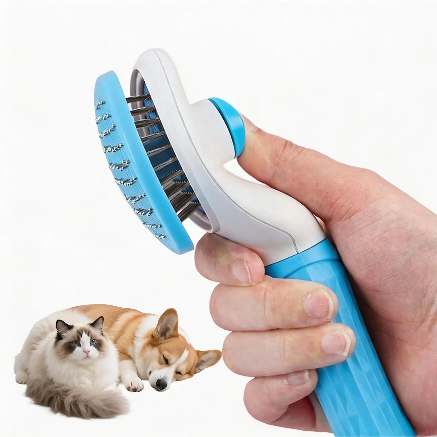 Self-Cleaning Slicker Brush for Cats & Dogs – Pet Grooming Brush for Shedding, Removes Loose Fur, Gentle Massage, Easy Hair Removal, Blue