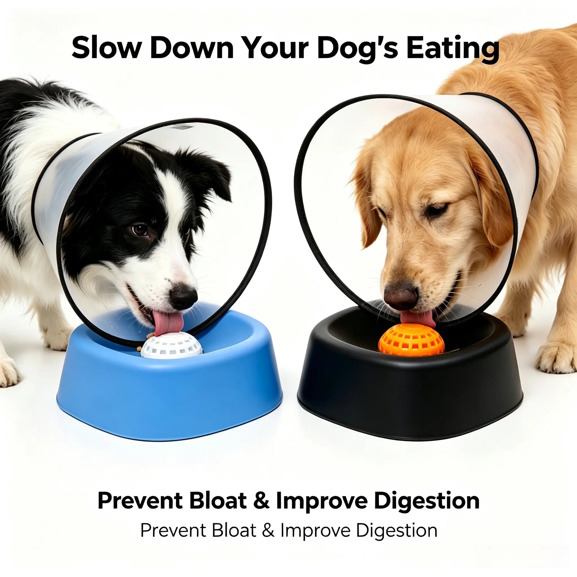 Slow Feeder Dog Bowls for Liquid Treats with Built-In Rolling Ball No Spill Bone Broth Bowl for All Dogs Safe Anti-Slip Silicone Design Back and Blue